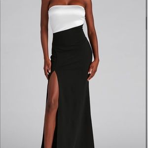 Black and white strapless windsor gown with slit